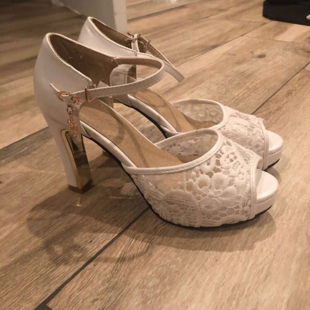 White and gold lace heels